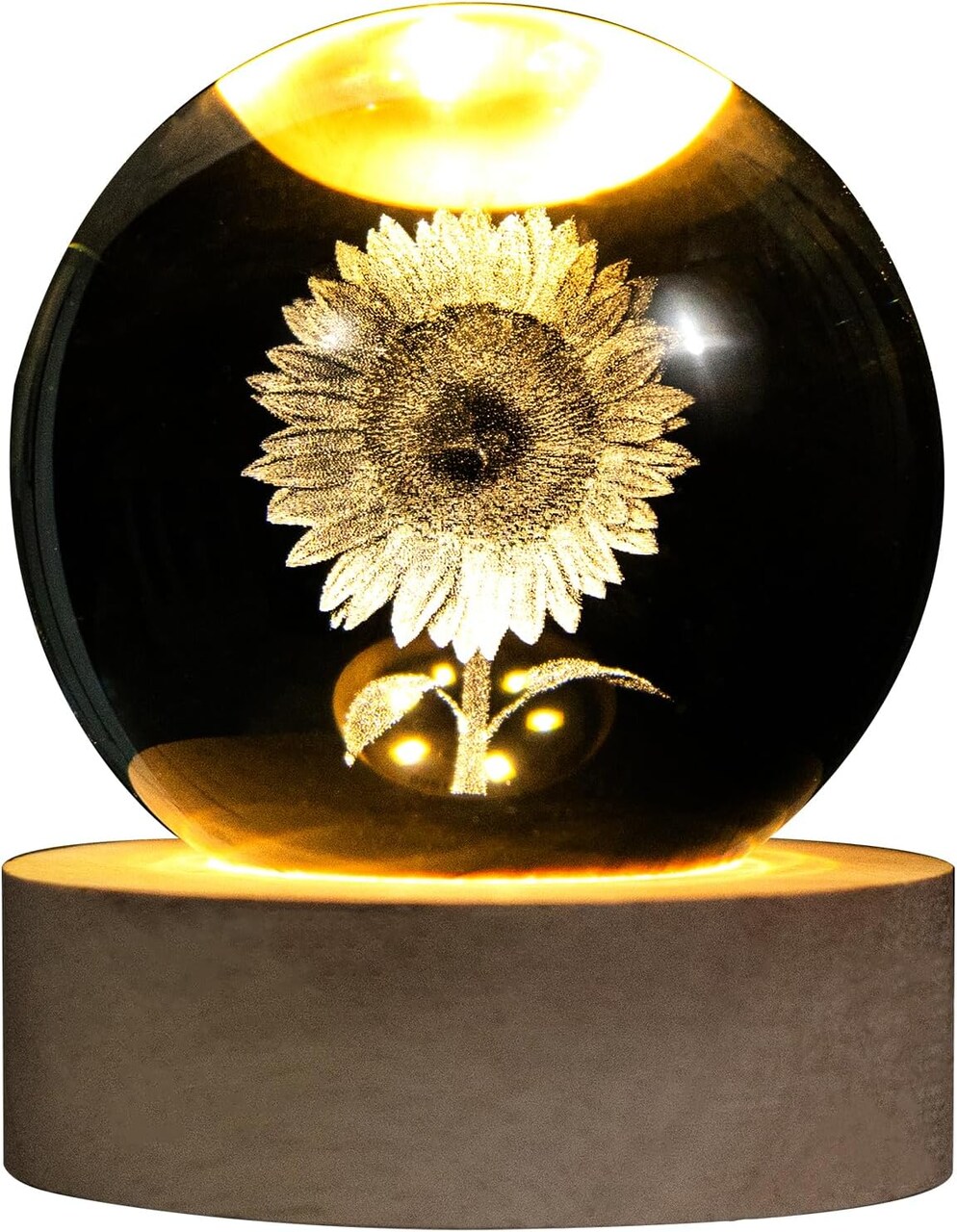 "Summer Tabletop Decor: 3D Laser Etched Sunflower Crystal Ball with Stand – 60mm Glass Sphere Lamp, Night Light, Sunflower Figurine, Glass Paperweight for Bright Seasonal Displays"